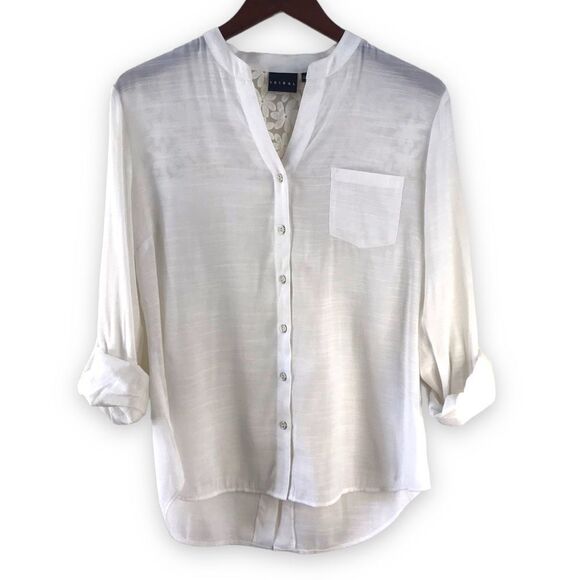 Tribal Womens 8 Daisy Embroidered Roll Tab Sleeve Button Up White Coastal Beachy - Picture 1 of 12